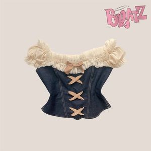 🍸👡 Handmade y2k Bratz inspired denim lace up tulle milkmaid top